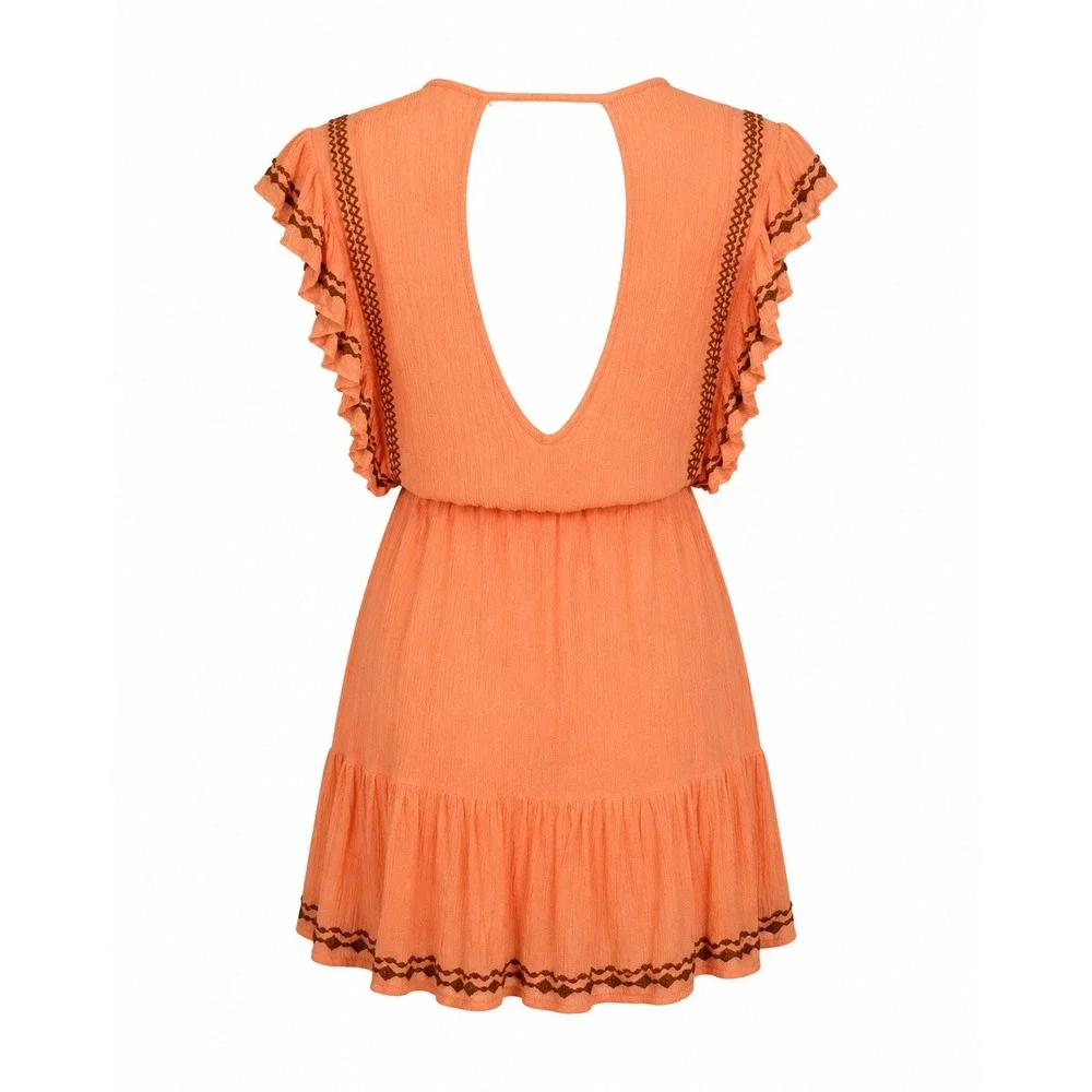 Free People Coral Orange Embroidered Ruffle Gauze Mini Dress Boho Western Sz S